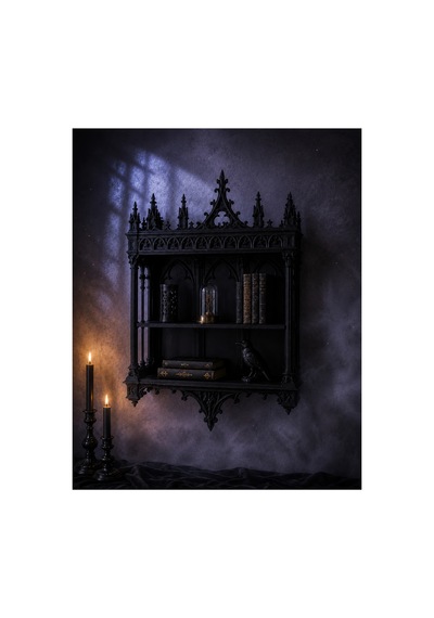 Gotik Katedral Duvar Rafı Siyah İki Katlı Mistik Dekoratif Raf Ve Biblo Standı 25x18x7 Cm Siyah