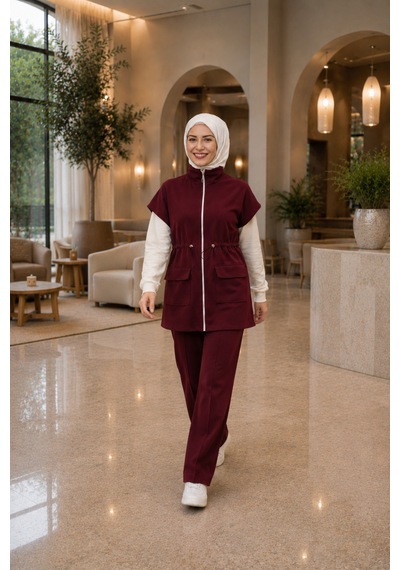 Bordo Yelekli 2 Li Takım Modern, Rahat Ve Şık Günlük Kombin