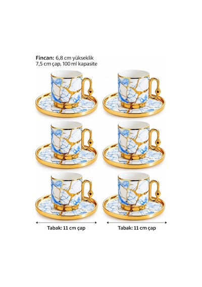 Valkyrie 12 Parça 6 Kişilik 80 Ml Türk Kahvesi Fincan Takımı Mavi Gold Mermer Desenli K653 Mavi