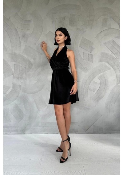 Defymoda Siyah Boyundan Geçmeli Elbise Siyah