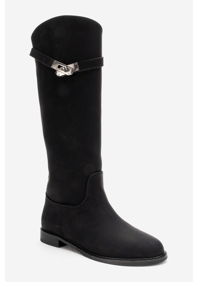Luvishoes Yoko Siyah Nubuk Kemerli Kadın Binici Çizme Siyah