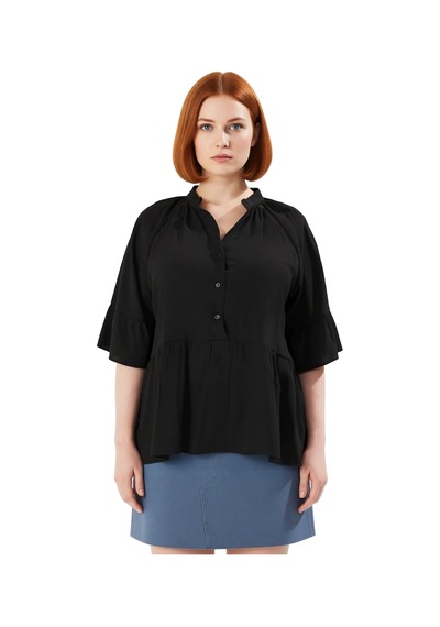 Ersefa Kadın Plus Size V Yaka Kısa Kol Dokuma Peplum Gömlek Konforlu Ve siyah