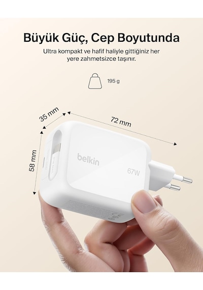 Belkin Ultracharge 67 W Gan Şarj Aleti, 0,8 M Geri Çekilebilir Usb-c Kablo İle, Beyaz