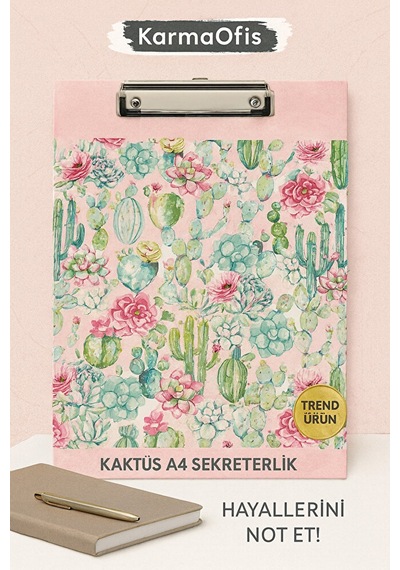 A4 Sekreterlik Kaktüs & Sukulent Desenli Kaliteli Kapak