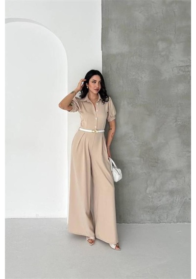 Neşeli Butik Kadın Bej Gömlek Yaka Kemerli Geniş Paça Tulum Nbk4197
