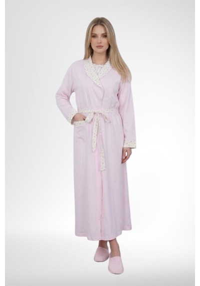 Mecit Pijama Mecit 6383 Pembe Kadın Uzun Sabahlıklı Kısa Kollu Gecelik Takımı