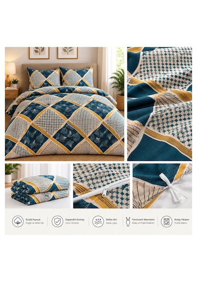 Geometrik Ve Baklava Desenli Tek Kişilik Nevresim Takımı - Fermuarlı Ve İç Bağlamalı Lacivert & Hardal Renkli