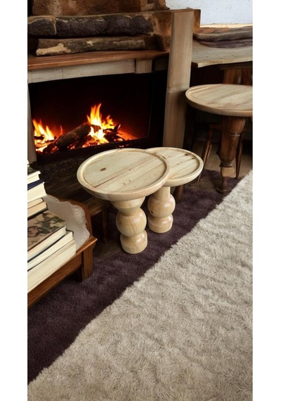 Wood Ahşap 2'li Set Fitilli Mantar Yan Sehpa Modern Fiskos / Naturel Renk / Zigon Sehpa Vernikli Naturel