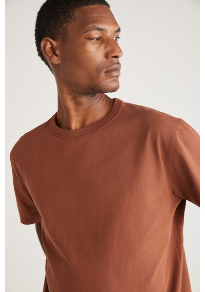 Grımelange Astons Erkek Relaxed %100 Organik Pamuk Kalın Süprem Dokuma Koyu Kahverengi T-shirt Koyu Kahverengi