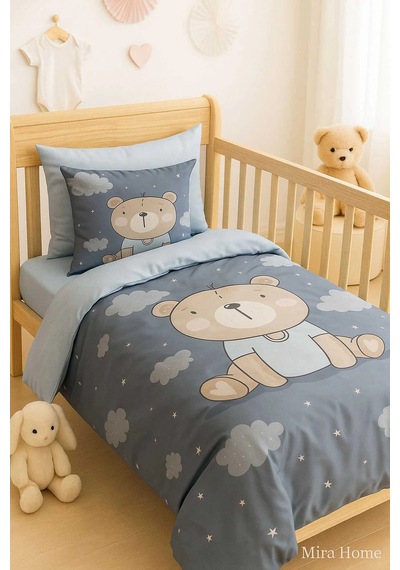 Dijital Baskılı 3d Pamuklu Yenidoğan Bebek Nevresim Takımı Blue Bear Çok Renkli