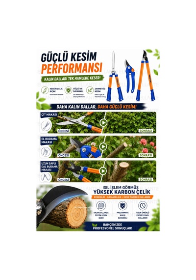 3'lü Profesyonel Bahçe Budama Seti Çit Makası El Budama Makası Uzun Saplı Dal Budama Makası Ergonomi