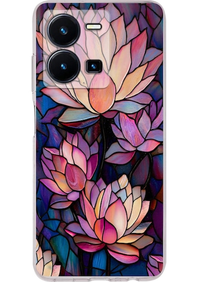 Printify Vivo Y22s İle Uyumlu Vitray Sessiz Lotus Tasarımlı Şeffaf Silikon Kılıf Şeffaf