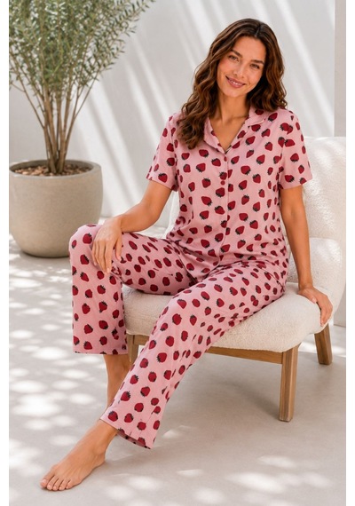 Nisanca Kısa Kol Gömlek Yaka Ultra Soft Kadın Pijama Takımı - Bordo