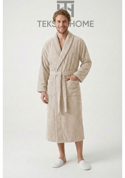 %100 Pamuklu Unisex Bornoz Şalyaka Cepli Büyük Beden 3xl 4xl Erkek Kadın Bornoz Kahve