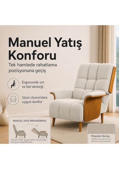 Smarto Genova Sabit Ergonomik Ekru Polyester Kumaş Tv Koltuğu Berjer Baba Koltuğu