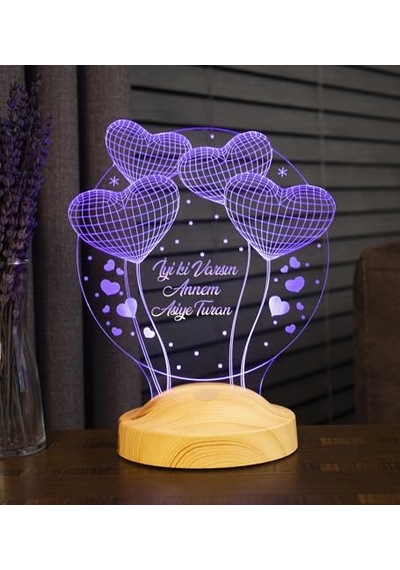 Anneler Günü Hediyesi, Anneye Hediye, Anneye Doğum Günü Hediyesi Balon Kalpler Küre Kişiye Özel 3d Led Lamba 10 Parça Siyah