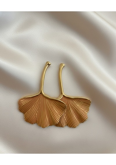 Şehrazat Handmade Gold Çelik Yaprak Gingko Küpe Gümüş