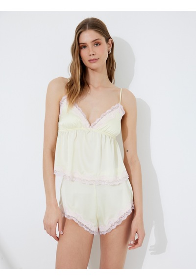 Koton Dantel Detaylı V Yaka İnce Askılı Saten Pijama Üst Sarı 5slk90024mw Sari