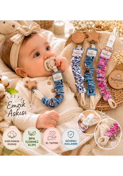 Nunuco Atelier El Yapımı Emzik Askısı %100 Pamuk Kumaş Bpa İçermez Klips Güvenli Emzik Tutucu Açık Mavi