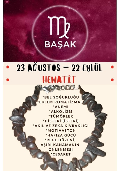 Gümüştel El Sanatları Sertifikalı Burç Taşı Başak Burcu Hematit Taşı Bileklik Gri