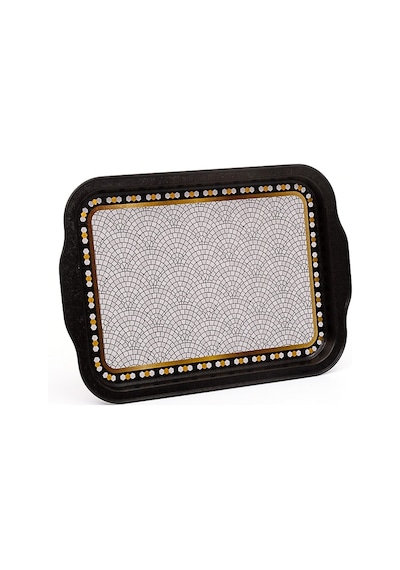 Mosaic Desenli Kulplu Metal Tepsi, 21 X 31 Cm
