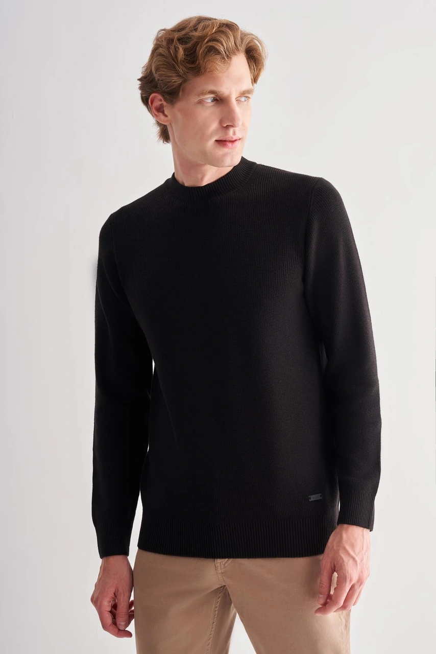 Siyah Yarım Balıkçı Yaka Uzun Kol Cepsiz Comfort Fit Casual Pamuklu Triko Kazak 1012255203 Siyah