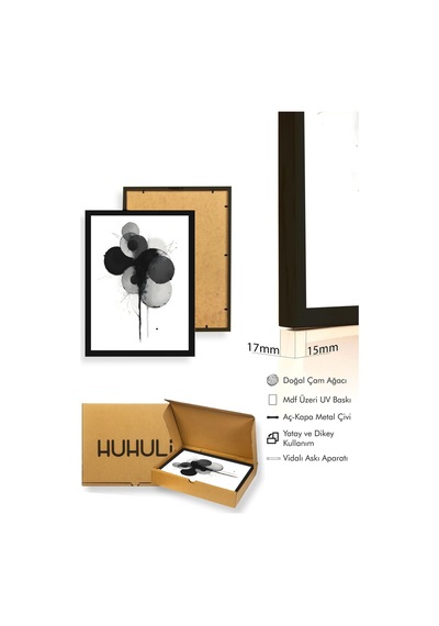 Doğal Ahşap Çerçeveli Soyut Geometrik Desenli Tablo - Siyah-beyaz Huhu1216