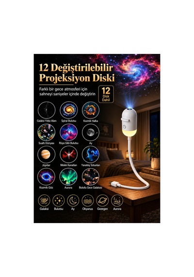 Yıldız Projektörlü Gece Lambası 12 Li Projeksiyon Diskli Uyumlu Adaptör Hediye 12 Li Projeksiyon