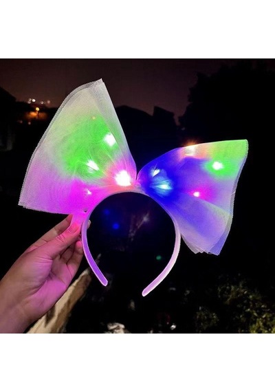 Rengarenk Led Işıklı Fiyonk Şekilli Tül Parti Tacı Beyaz Renk 25 x