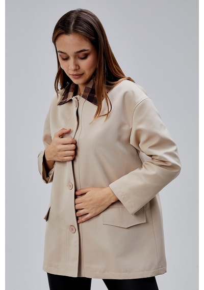 Mia Vizon Ekose Yaka Cepli Oversize Trençkot