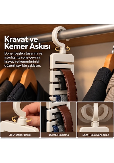 360 Döner Başlıklı Kravat Ve Kemer Askısı Dolap İçi Düzenleyici Beyaz