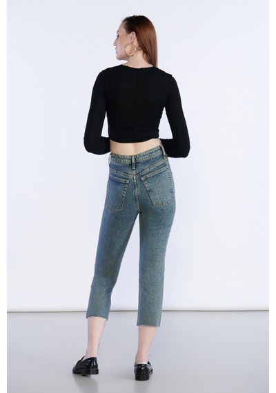 Kirli Mavi Yüksek Bel Paça Püskül Detaylı Mom Jeans-kirli Mavi