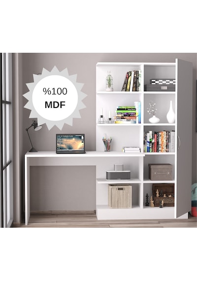 Mdf Narin Raflı Dolaplı Çalışma Masası Beyaz