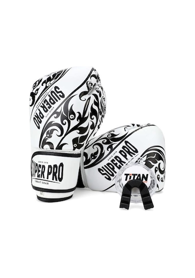 Süper Pro Beyaz Üzeri Siyah İşlemeli Deri Boks Eldiveni 12 Oz Çok Renkli
