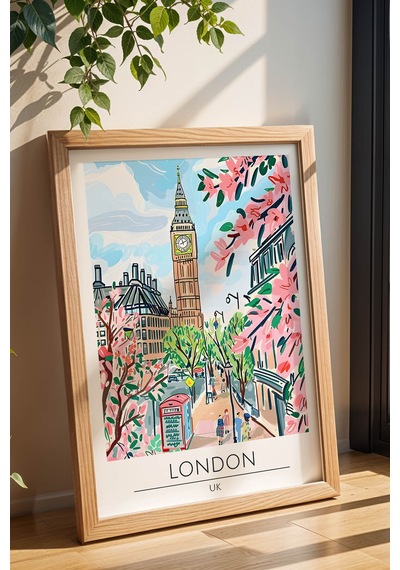 İngiltere Londra Temalı Çerçeveli Tablo Travel Serisi Modern İllüstrasyon Şehir Duvar Dekoru Kayın
