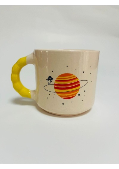 Gezegen Baskılı Sarı Bombe Kulplu Kupa
