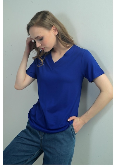 By Saygı Kadın V Yaka Yırtmaçlı Kısa Kol Bluz-40756 Saks By Saygı Kadın V Yaka Yırtmaçlı Kısa Kol Bluz-40756 Saks