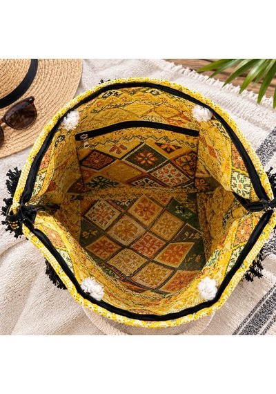 Etnik Desenli Kilim Omuz Ve Plaj Çantası 50x30 Cm Açık Sarı