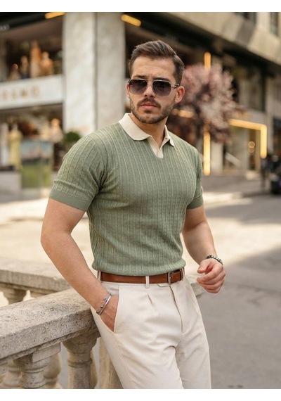 Efnaz Style Erkek Yaka Detaylı Desen Dokulu Triko Tişört Çağla Yeşili