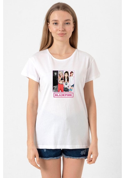Black Pink Band Beyaz Kadın Bisikletyaka Tshirt Beyaz