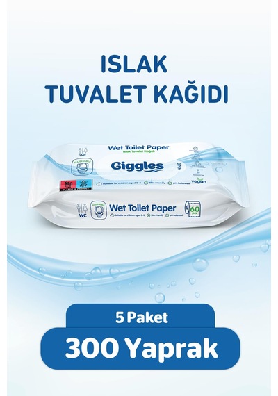Giggles Islak Tuvalet Kağıdı Suda Çözünen Tuvalete Klozete Atılabilir Mendil 5 Paket 300 Adet