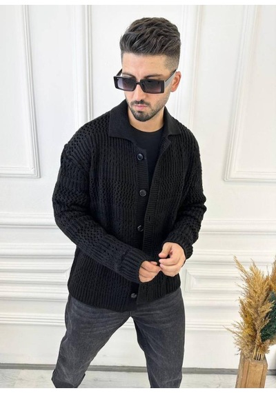 Elku Moda Hırka Oversize Özel Örgülü Triko Desenli Salaş Örgü Hırka Siyah