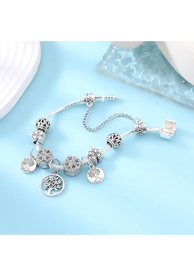 Kristal Hayat Ağacı Charmlı Yonca Bileklik Gümüş