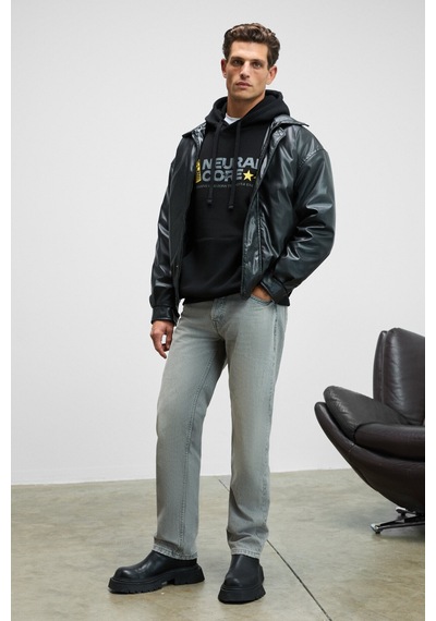 Grımelange Cornelıus Erkek Önü Ve Kolları Baskılı Kapüşonlu Kordonlu Kanguru Cepli Siyah Sweatshirt Siyah