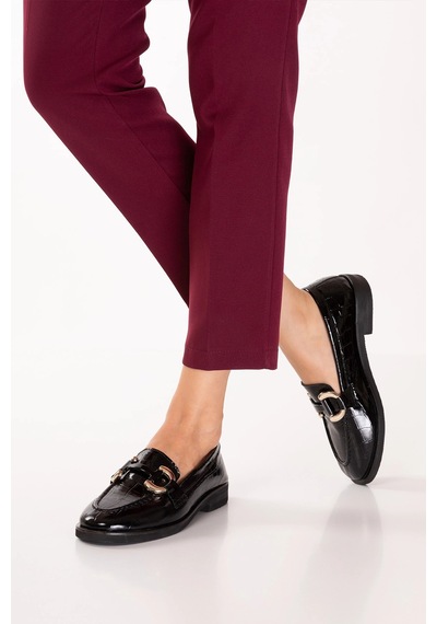 Gondol Kadın Hakiki Deri Tokalı Loafer Ayakkabı Crm.181 Siyah Croco