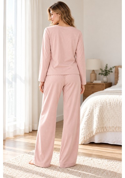 Lılac Kadın %100 Pamuk Pudra Pembe Uzun Kollu Cepsiz Pijama Takımı Pembe Pembe