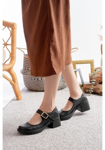 Asmi Shoes Kadın Elisa Siyah Cilt 6 Cm Tek Baletli Topuklu Loafer Ayakkabı Siyah Siyah