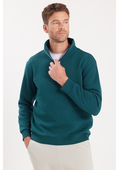 Tudors Unisex Relax Fit Rahat Kesim Pamuklu İçi Polarlı Yarım Fermuarlı Yeşil Dik Yaka Sweatshirt-35163 Yeşil