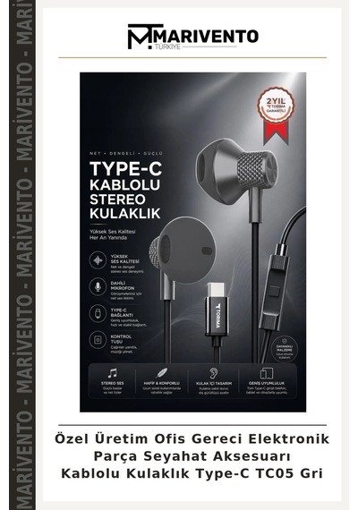 Özel Üretim Ofis Gereci Elektronik Parça Seyahat Aksesuarı Kablolu Kulaklık Type-c Tc05 Gri