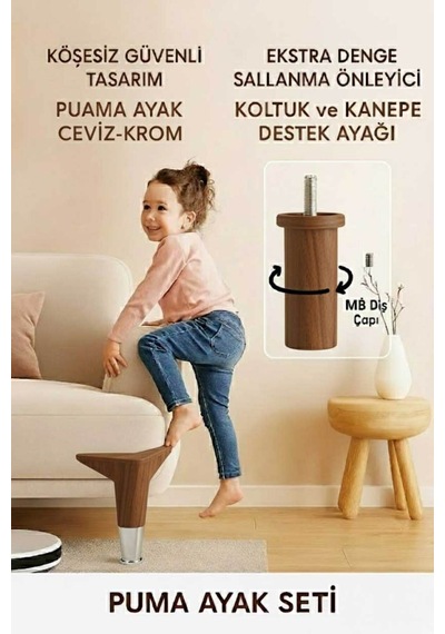 Puma 15 Cm Ceviz-krom 6'lı Set Mobilya Kanepe Tv Ünitesi Dolap Konsol Ve Destek Ayağı Ceviz-krom